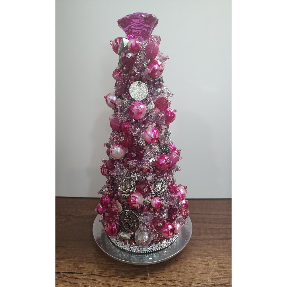Vtg Jewelry Art Christmas Tree Upcycled Art Pink Silver Bling Handmade OOAK